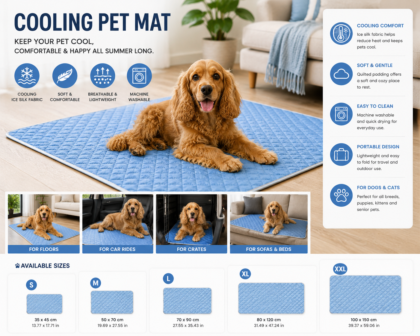 Dog Cooling Mat for Summer – Washable Breathable Pet Cooling Pad for Dogs & Cats